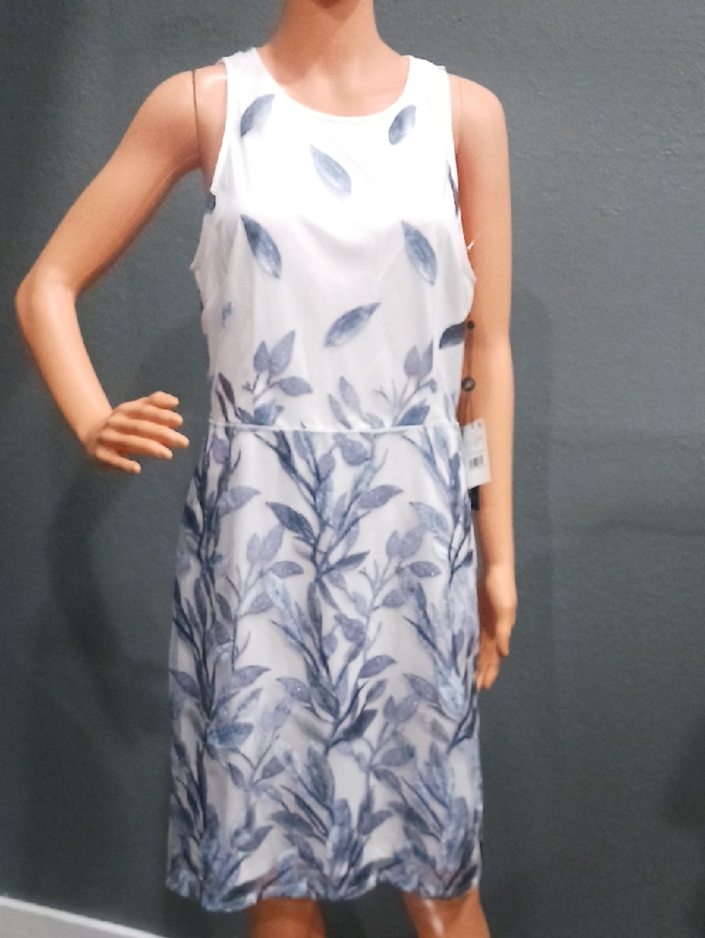 Adrianna Papell Embroidered White Midi Dress with Navy Leaf Print